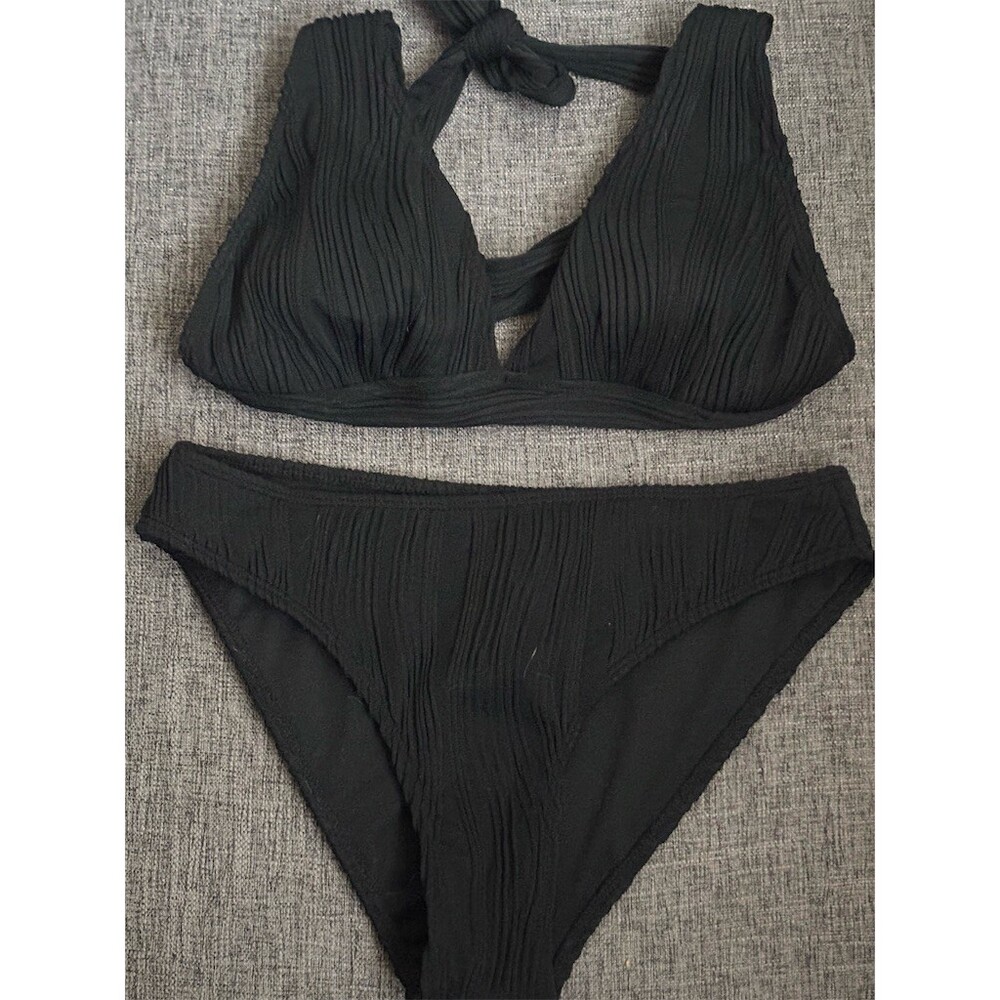 Cupshe Bikini Set Womens Size M Black Ribbed Halter Triangle High Cut 2PC